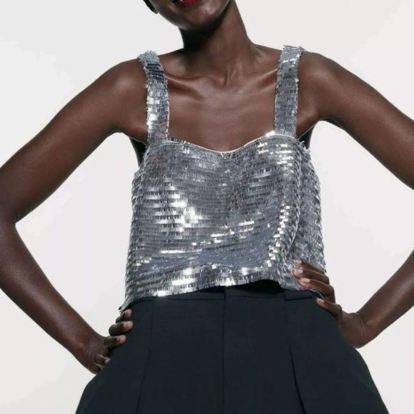 Zara Tops - Zara Silver Sequin Crop Top